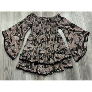 Earthbound Trading Co Paisley Smocked Off Shoulder Bell Sleeve Mini Dress Medium